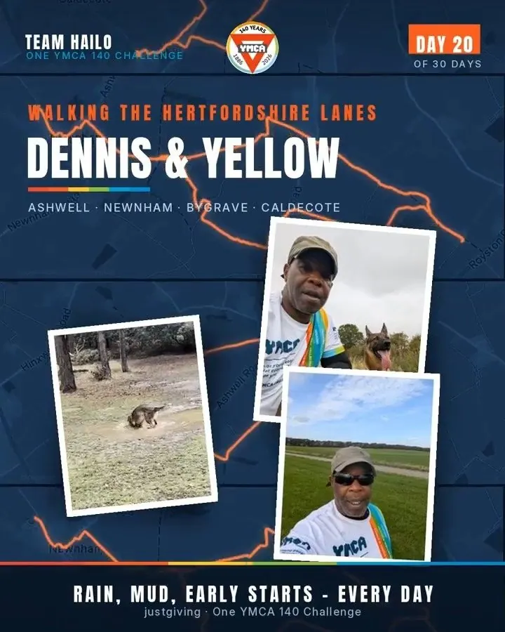 Team Hailo graphic titled Dennis and Yellow, walking the Hertfordshire lanes, with photos of Dennis and his dog on country paths