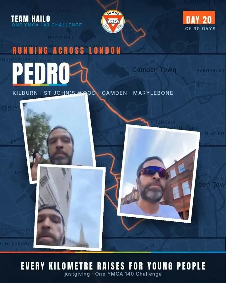 Team Hailo graphic titled Pedro, running across London, with selfies of Pedro on his runs through Kilburn, St John's Wood, Camden and Marylebone