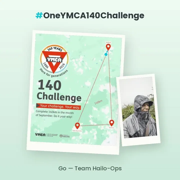 One YMCA 140 Challenge graphic with a photo of Dennis walking in the rain, captioned Go, Team Hailo-Ops